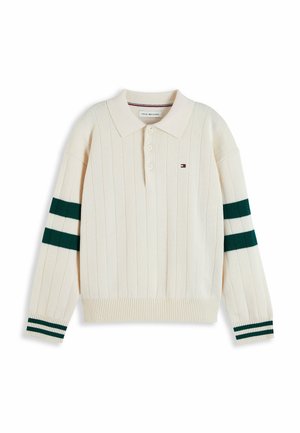 Strik polo sweater i cremefarve med mørkegrønne striber på ærmer og manchetter, med et lille logo på venstre bryst.
