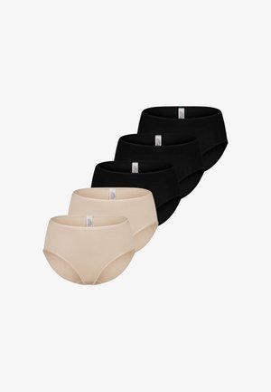 Fünf Damen-Baumwollslips in unifarben, drei schwarz und zwei beige, in überlappenden Reihen auf weißem Hintergrund angeordnet.