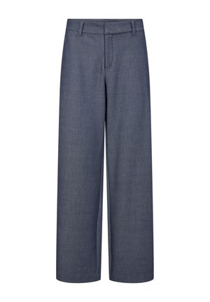 Pantaloni a gamba larga in tessuto blu scuro, con vita piatta, passanti per la cintura e finitura pulita. Materiale con una trama sottile.