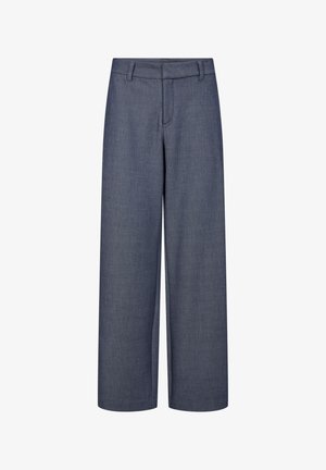 Pantaloni a gamba larga in tessuto blu scuro, con vita piatta, passanti per la cintura e finitura pulita. Materiale con una trama sottile.