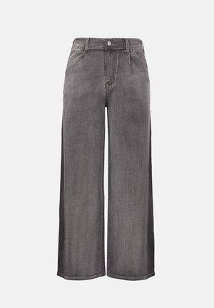 Pantalon en denim gris à jambes larges avec passants pour ceinture, poches avant et fermeture par bouton.
