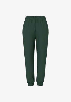 Tumši zaļie sporta bikses ar elastīgu jostasvietu, sašaurinātiem piedurknēm un gludu tekstilmateriālu. Nav redzamu kabatu vai rakstu.