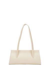 Cremfarbene Leder-Handtasche mit zwei verlängerten Griffen, rechteckiger Form, minimalistischem Design und dezentem Logodetail auf der Vorderseite.