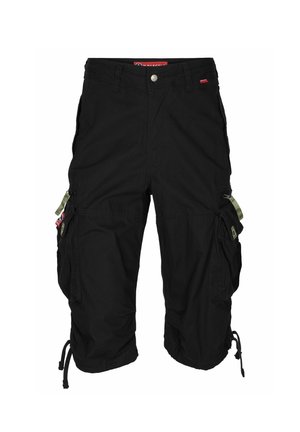 Czarne szorty cargo z wieloma bocznymi kieszeniami, kieszenią na zamek oraz sznurkami na końcach nogawek. Wykonane z trwałego materiału, o luźnym kroju.