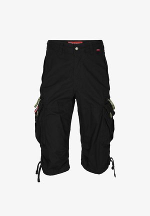 Czarne szorty cargo z wieloma bocznymi kieszeniami, kieszenią na zamek oraz sznurkami na końcach nogawek. Wykonane z trwałego materiału, o luźnym kroju.