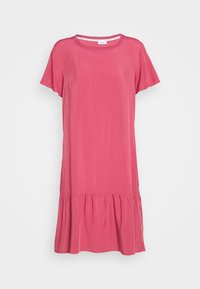 Kurzes pinkes Kleid mit Rundhalsausschnitt, kurzen Ärmeln und schwingendem, gestuften Saum. Hergestellt aus weichem Material, hat es eine lockere Passform und saubere Nähte.