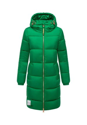 Dugi zeleni zimski kaput s podstavom, kapuljačom, prednjim zatvaračem, bočnim džepovima i šnrom za podešavanje na kapuljači.