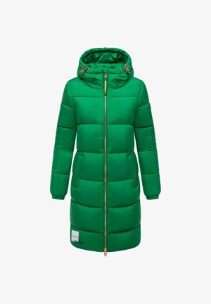 Long green padded winter coat with hood, front zipper, side pockets, and drawstrings on the hood.