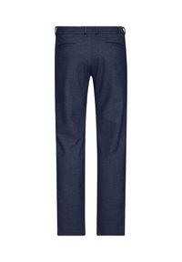 Blaue Hose aus glattem Stoff mit geradem Schnitt, ausgestattet mit zwei Gesäßtaschen und einem Bund mit Gürtelschlaufen.