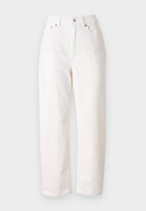 Bílé džínové kalhoty se střihem rovného nohavice, vysokým pasem, zipem a kovovým knoflíkem na zapínání. Obsahují pět kapes a jemné prošívání.