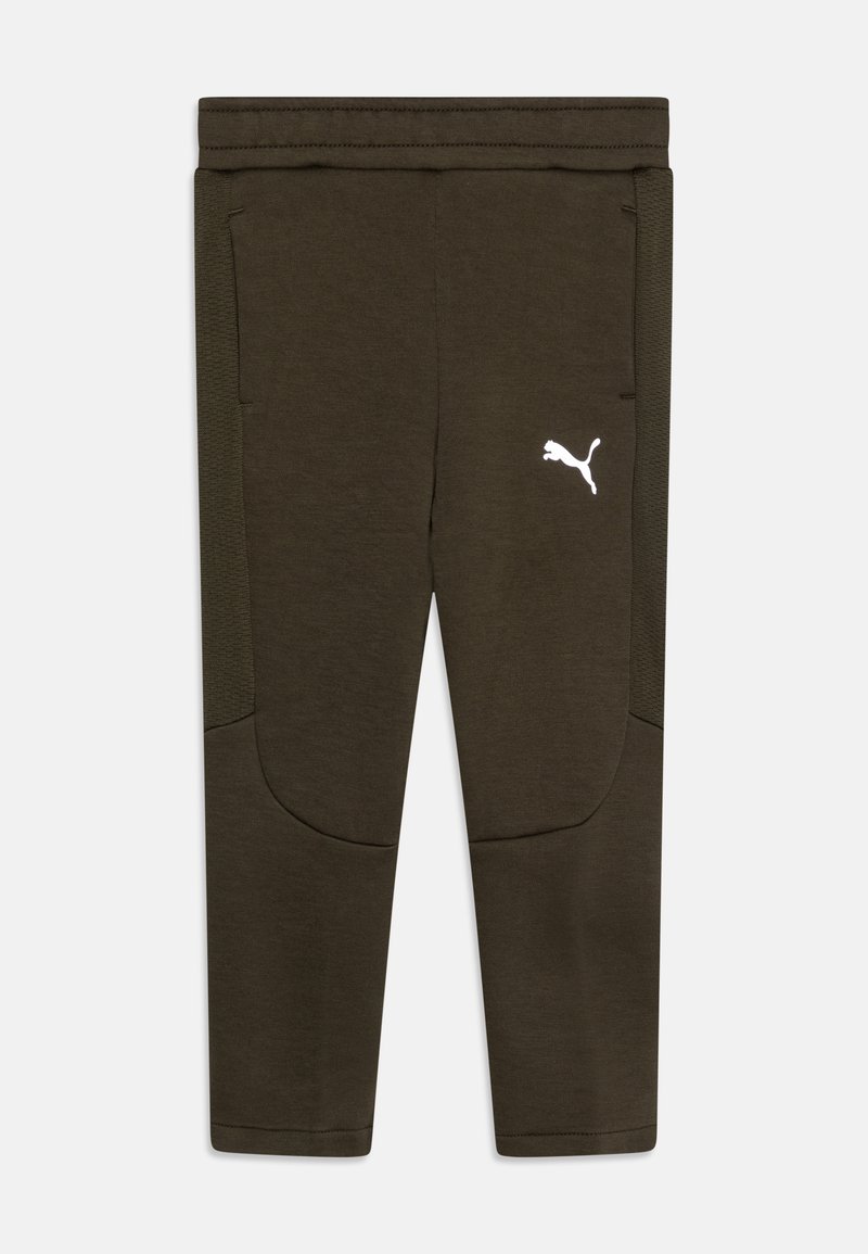 Olivgrön sweatpants i mjukt tyg med en avsmalnande design, två sidofickor och en vit Puma-logotyp på framsidan.