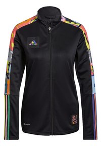 Black athletic jacket with a full zipper, featuring colorful patterned accents on sleeves and a logo patch on the chest. Made of smooth fabric.