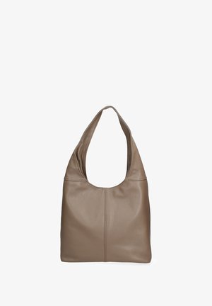 Borsa a spalla in pelle color marrone chiaro. Presenta una tracolla curva e larga e una superficie semplice e liscia con dettagli di cucitura visibili.