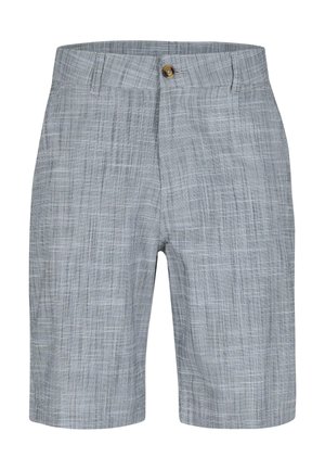 Szare szorty w kratę wykonane z lekkiego materiału. Posiadają zapięcie na guzik oraz prosty krój nogawek z teksturowanym wzorem na całej powierzchni.