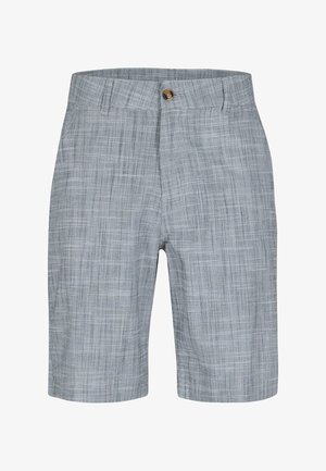 Szare szorty w kratę wykonane z lekkiego materiału. Posiadają zapięcie na guzik oraz prosty krój nogawek z teksturowanym wzorem na całej powierzchni.