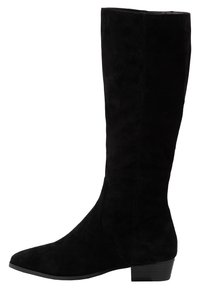 Czarne zamszowe botki do kolan z zakończeniem w szpic, gładką fakturą i niskim piętką. Szew wzdłuż boku podkreśla design.