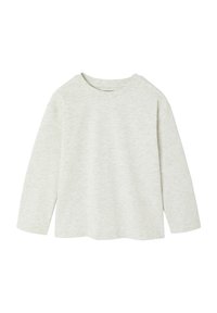 Hellgraues Langarm-T-Shirt aus weichem, strukturiertem Material mit Rundhalsausschnitt und geradem Saum, das über einen legeren Schnitt und ein minimales Design verfügt.