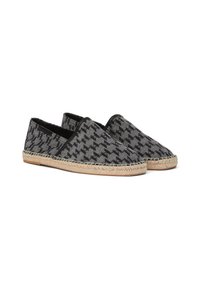 Juodai pilkos houndstooth rašto espadrilės, su jūros žolių (jute) padais ir juodais apvadais. Be užsegimo, audinio viršus, lengvas dizainas.