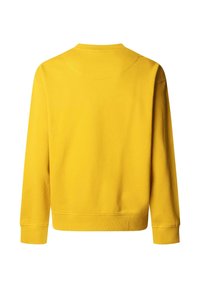 Sweatshirt jaune à manches longues avec col rond, poignets et ourlet côtelés, présenté de dos sur un fond blanc.