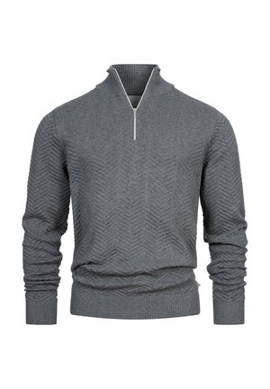 Pullover grigio a maglia con colletto alto e zip a metà. Presenta un motivo zigzag testurizzato e polsini e orlo a coste. Realizzato in tessuto morbido.
