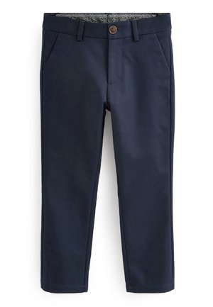 Pantalons bleu marine en tissu léger, dotés de deux poches latérales, d'une fermeture avant à bouton, et d'une ceinture intérieure à motif.