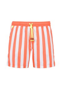 Shorts de bain rayés orange et blanc avec une taille élastique, dotés d'un cordon jaune et d'accents en perles en bois.