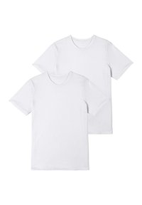 Two plain white t-shirts, short sleeves, round necklines, made from cotton fabric, featuring a simple design with no patterns or accents.