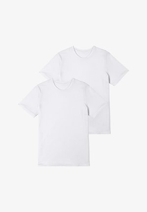 Zwei schlichte weiße T-Shirts, kurze Ärmel, runde Ausschnitte, aus Baumwollstoff, mit einem einfachen Design ohne Muster oder Akzente.