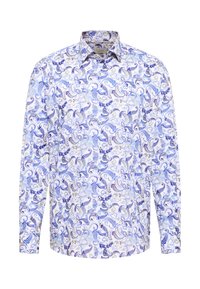 Langsleeve shirt met een paisleypatroon in tinten blauw en wit. Gemaakt van lichte stof met een klassieke kraag en knoopsluiting aan de voorkant.