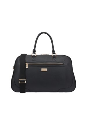 Sac à main en simili cuir noir avec double anses supérieures, bandoulière amovible, quincaillerie dorée et poche zippée à l'avant. Texture lisse.