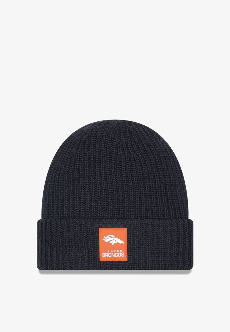 Dark blue knit beanie with a folded cuff, features a rectangular orange patch displaying a white horse logo and "DENVER BRONCOS" text.
