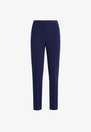Marineblaue, taillierte Hose mit glatter Textur, die Frontnähte und ein sauberes Design des Taillenbands aufweist. Keine sichtbaren Verschlüsse oder Taschen.