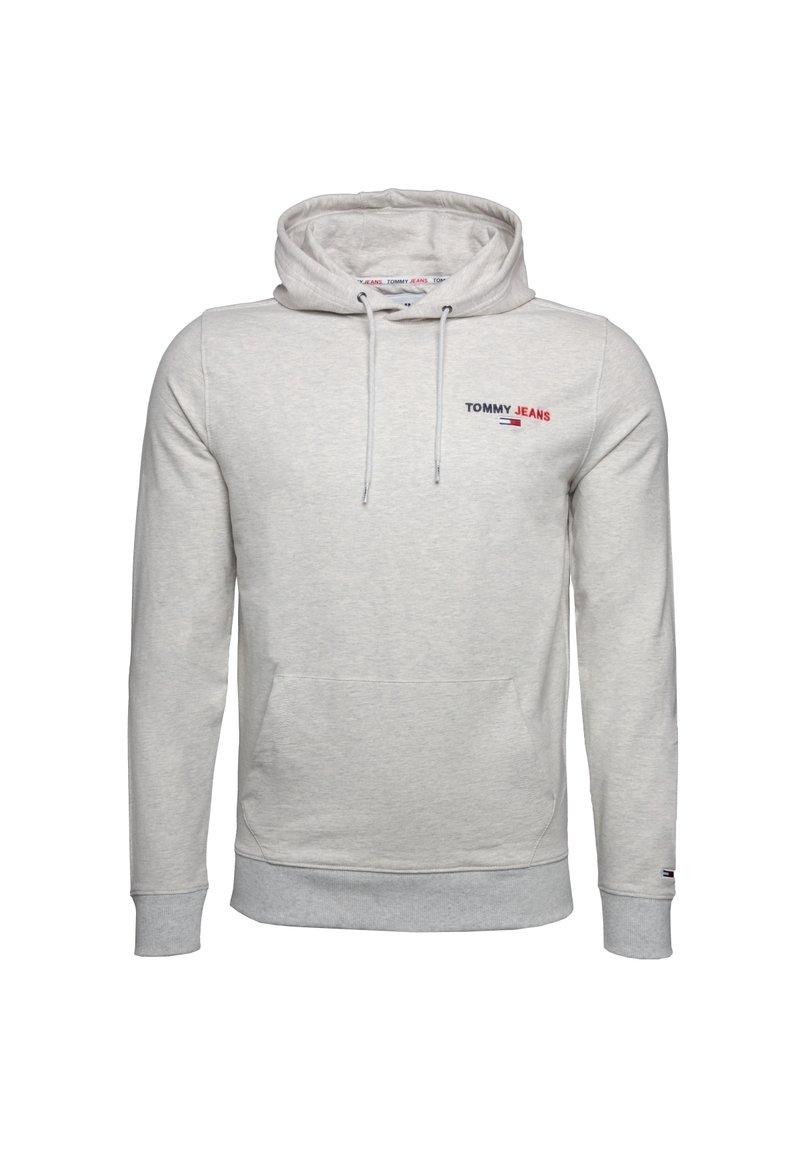 Felpa grigia chiara realizzata in cotone misto, con tasca frontale, cappuccio regolabile con cordino e logo "TOMMY JEANS" in rosso e blu sul petto.