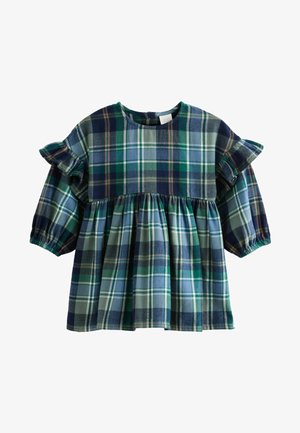 Vihreä ja laivastonsininen ruudullinen mekko, jossa on lyhyet, röyhelömäiset hihat ja kerääntyvä hameosa. Mekko on valmistettu pehmeästä kankaasta, jossa on teksturoitu pinta.