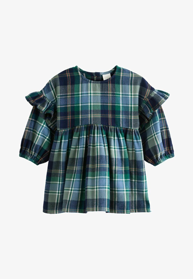 Zelené a námořnické kostkované šaty s krátkými volánovými rukávy a nabíranou sukní, vyrobené z měkké tkaniny s texturovaným povrchem.