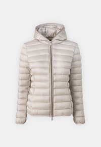 Helle beiget Pufferjacke mit Kapuze, Reißverschluss vorne und gesteppter Textur. Verfügt über horizontale Steppnähte und elastische Bündchen für einen engen Sitz.