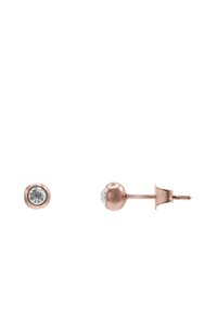 Roségull-studsmykker med en klar, rund krystall i en bezel-setting, glatt overflate og en sikker post-back lukking.