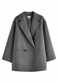 Manteau en laine gris croisé avec larges revers, coupe ample et deux boutons sur le devant. Texture douce et design minimaliste.