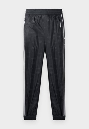 Pantaloni sportivi neri con finitura lucida, caratterizzati da un motivo logo sottile, cintura elasticizzata e tasche laterali con zip con accenti bianchi.
