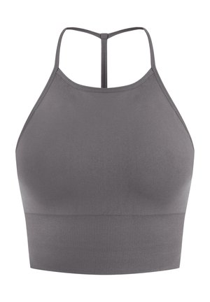 Szary sportowy stanik o dopasowanym kroju, gładkiej fakturze, wysokim dekolcie oraz cienkich, podwójnych ramiączkach z tyłu dla wsparcia i komfortu.