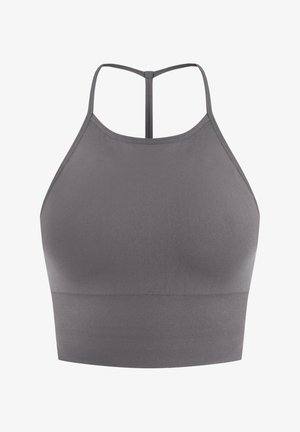 Szary sportowy stanik o dopasowanym kroju, gładkiej fakturze, wysokim dekolcie oraz cienkich, podwójnych ramiączkach z tyłu dla wsparcia i komfortu.