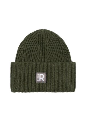 Dark green ribbed knit beanie with folded cuff and rectangular patch labeled "#1839 R" at front center.