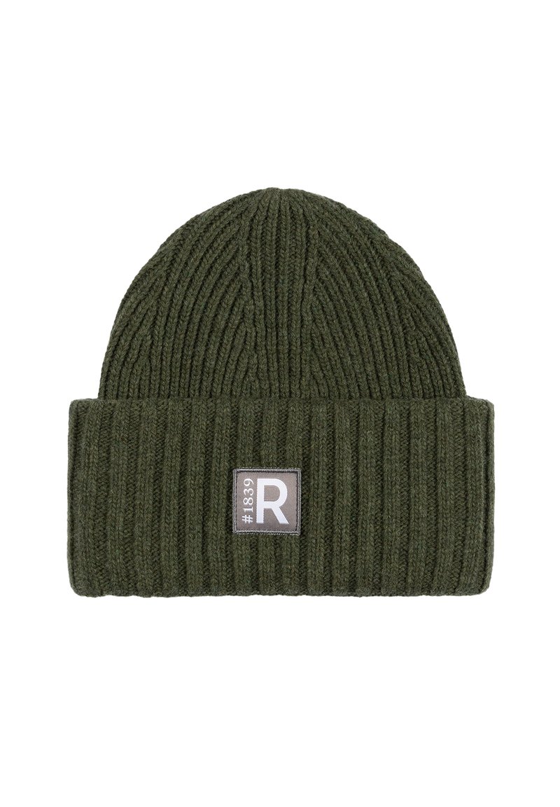 Dark green ribbed knit beanie with folded cuff and rectangular patch labeled "#1839 R" at front center.