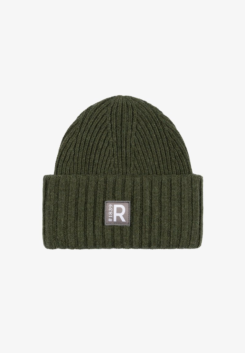 Dark green ribbed knit beanie with folded cuff and rectangular patch labeled "#1839 R" at front center.