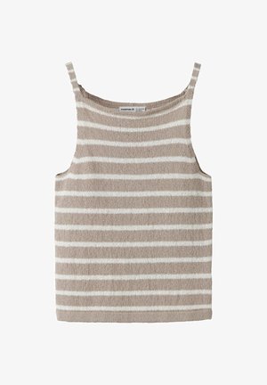 Débardeur en maille beige et blanc à rayures horizontales, avec fines bretelles et encolure carrée.