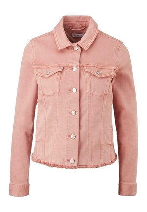 Rosa Jeansjacke mit Kragen, Knopfleiste vorne, zwei Brustklappentaschen, langen Ärmeln und ausgefranstem Saum.