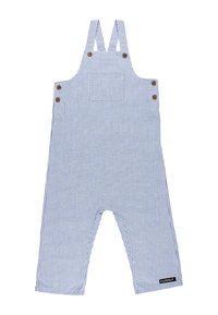 Gestreepte blauwe en witte tuinbroek met schouderbanden, houten knopen, een voorkantzak en een logo-label, gemaakt van lichte stof.