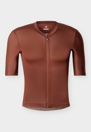 Bruin fietsshirt met korte mouwen, een ritssluiting aan de voorkant en subtiele Castelli-merking op de schouder en onderzoom.
