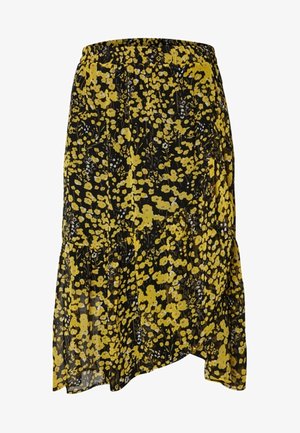 Jupe noire à motif floral jaune, en tissu léger. Comprend un ourlet à volants et un design asymétrique.