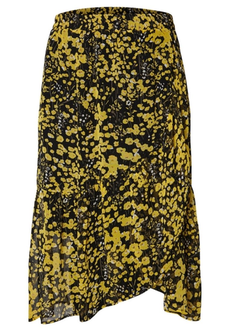 Musta hame, jossa keltainen kukkakuvio, valmistettu kevyestä kankaasta. Siinä on laskostettu helma ja epäsymmetrinen design.